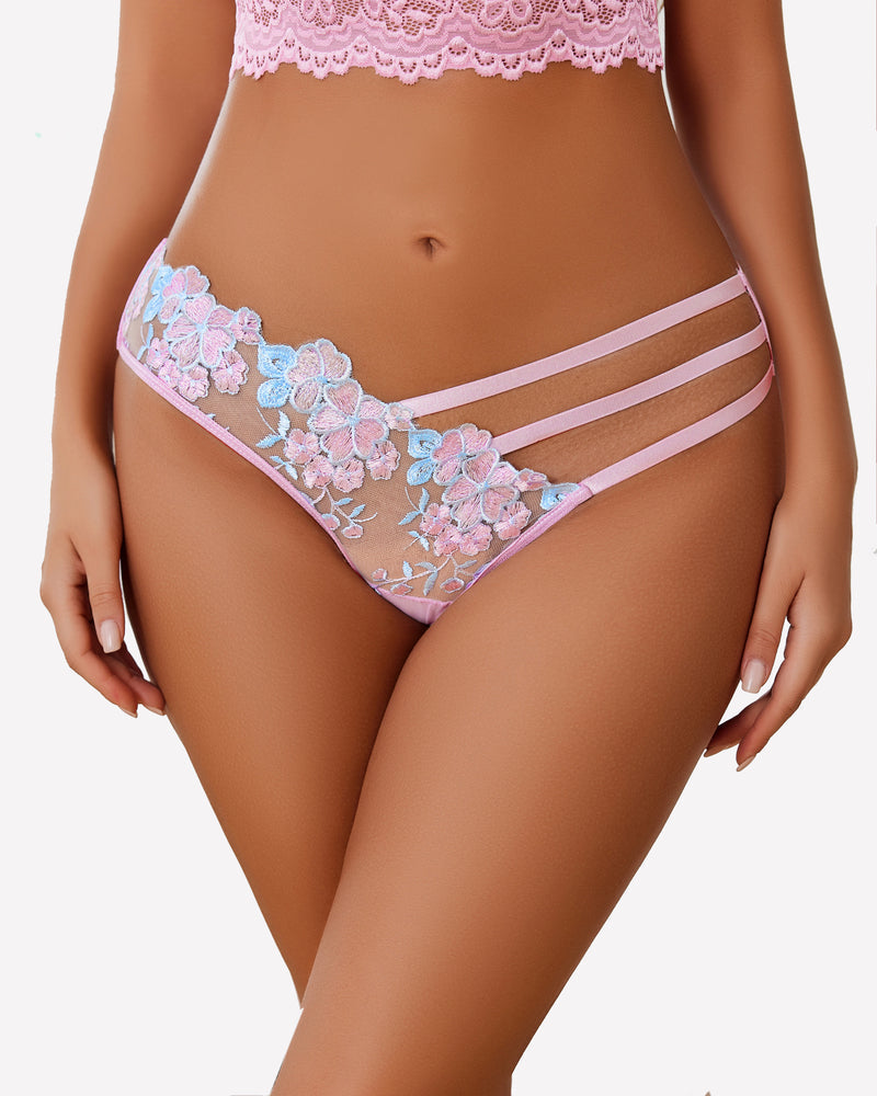 Lilac-trim mesh thong with striped sides and pink-and-blue floral embroidery on waist