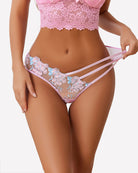 Pink mesh thong with lilac trim, striped sides, and embroidered floral lace front