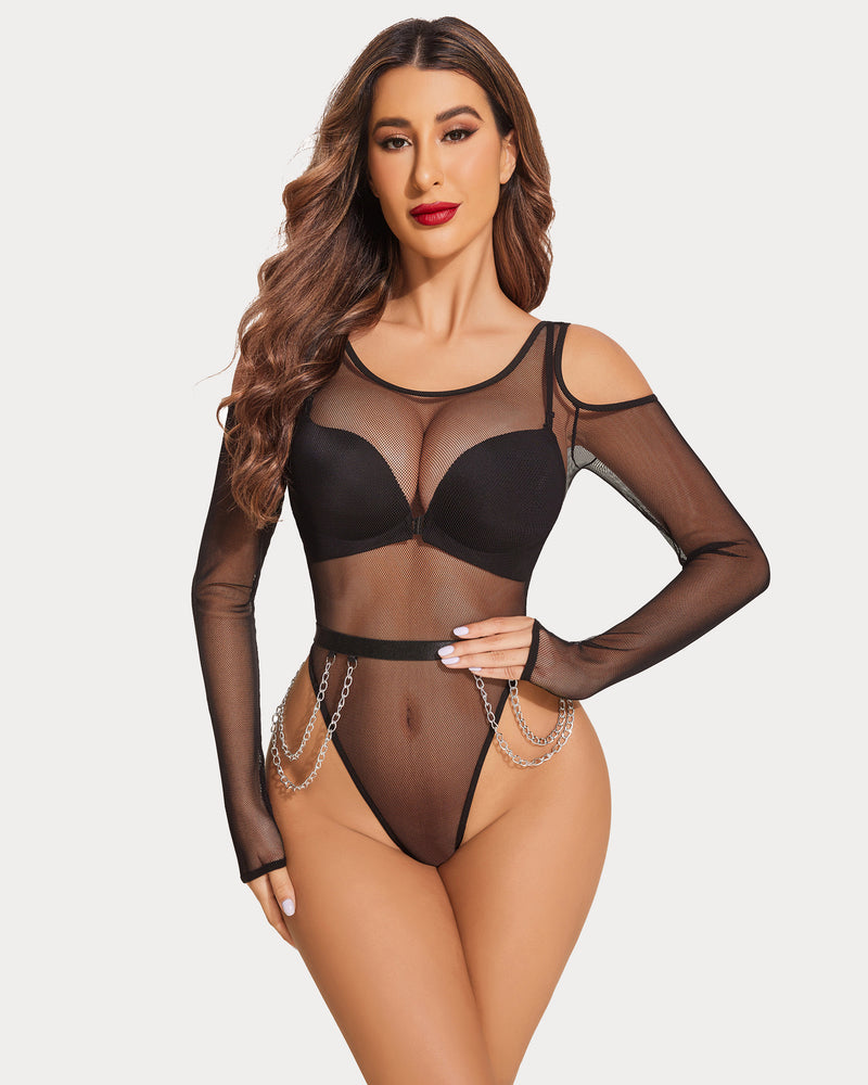 Black mesh teddy with waist chains and underwire-style bra cups, long sleeves
