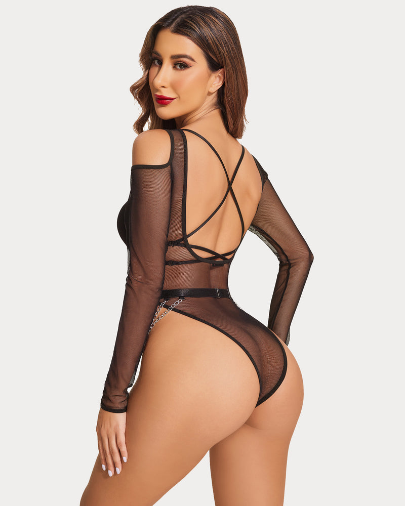 Black mesh teddy with crisscross back straps and waist chains, long sleeves