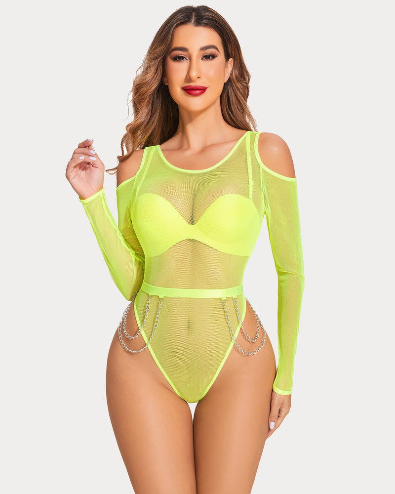Neon green mesh teddy with waist chains and long sleeves, sheer bra cups