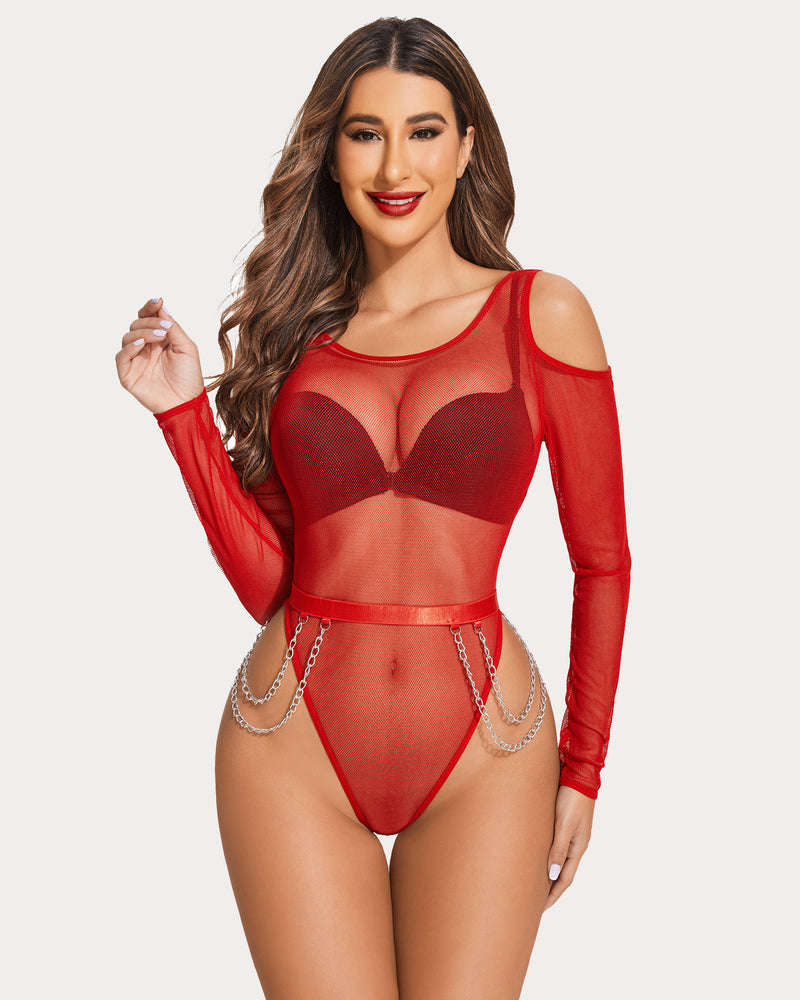 Red mesh teddy with waist chains and long sleeves, sheer bra and high-cut brief