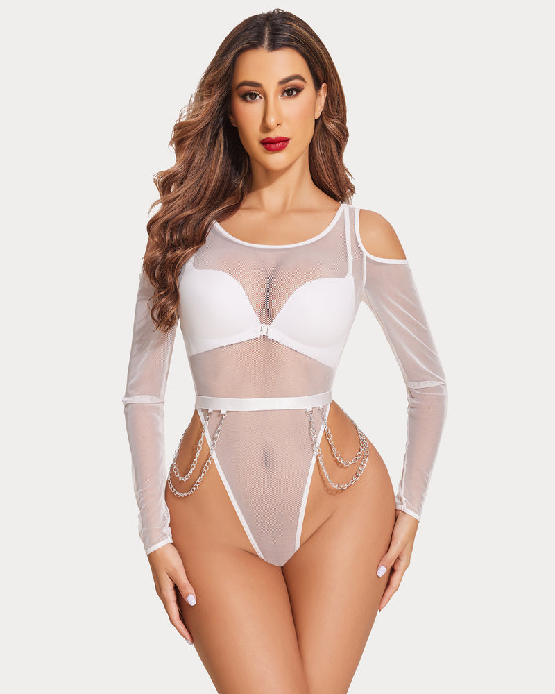 White mesh snap-crotch teddy with underwire cups, sheer sleeves, and waist chain accents