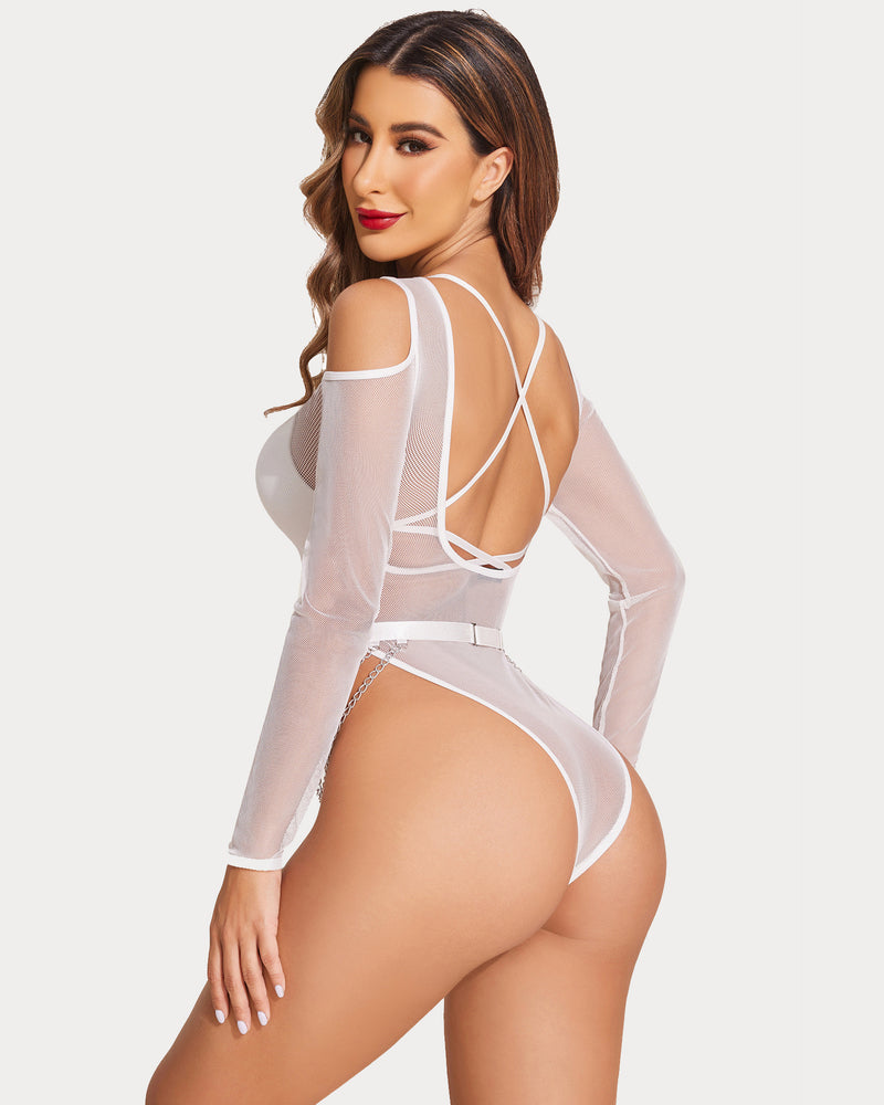 White sheer long-sleeve snap-crotch teddy with strappy open back and waist chain details