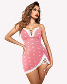 Pink lace slip dress with heart print, crisscross lace neckline and side lace panel