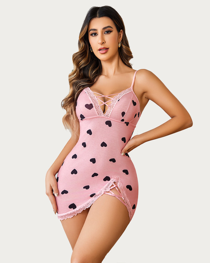 Pink heart print slip sleep dress with lace V-neck and crisscross straps