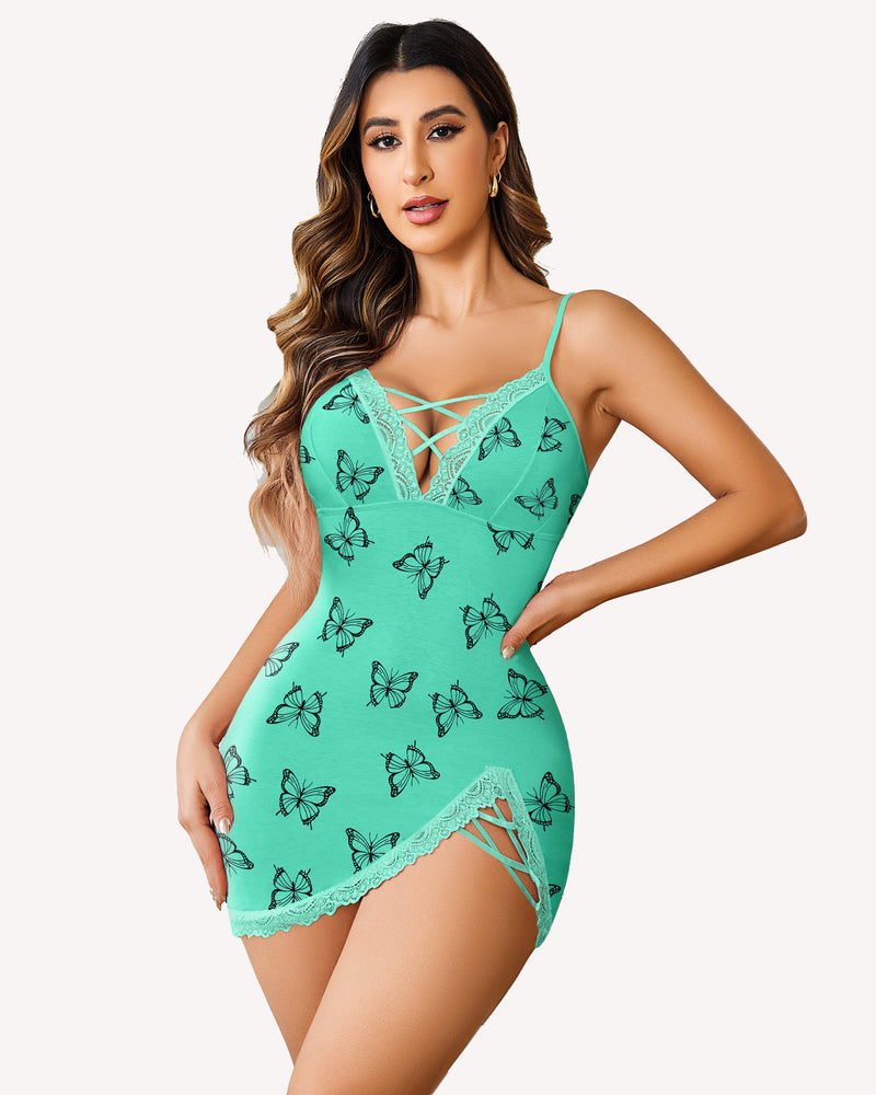 Teal lace slip dress with butterfly print, crisscross neckline, and lace-trim side cutouts