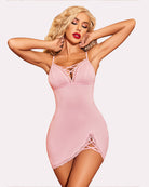 Pink lace chemise dress with crisscross lace bust and lace-trim side slit detail.