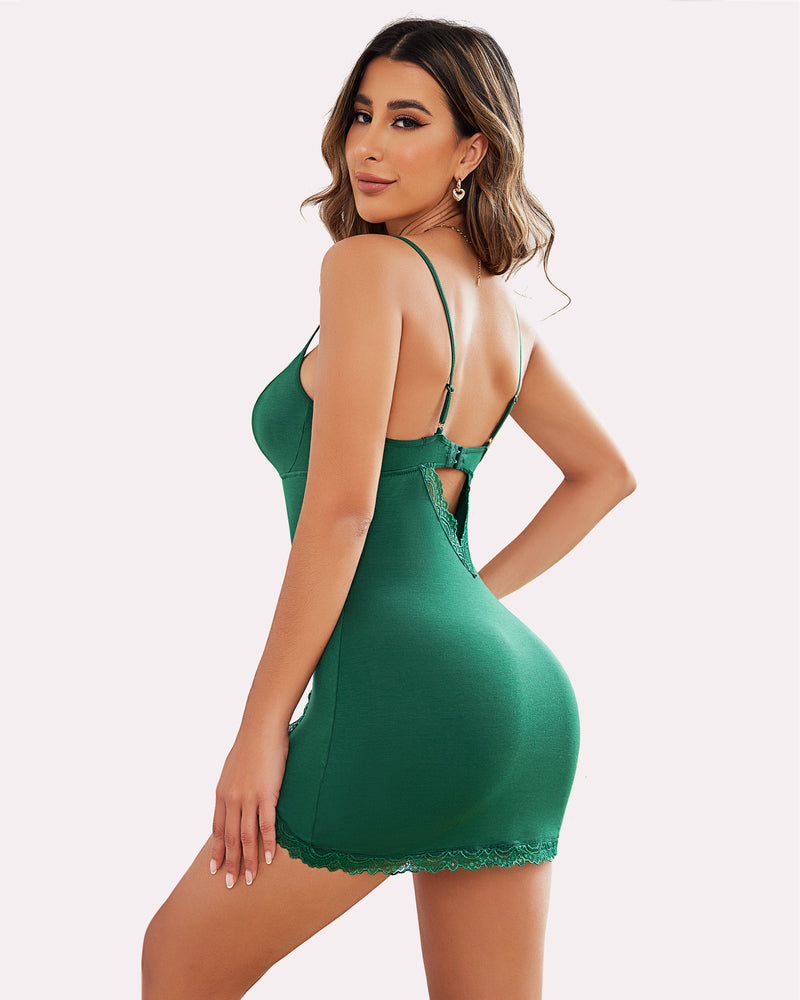 Green lace slip sleep dress with open back and lace-trim hem