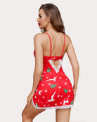 Red Christmas lace full slip dress back view with crisscross lace panel