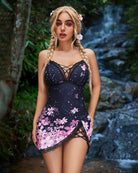 Black floral modal lace chemise with lace neckline and curved lace-trim hem