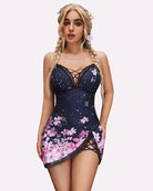 Navy floral lace chemise dress with crisscross neckline and scalloped lace hem