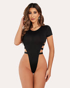 Black short-sleeve cut-out bodysuit leotard, high leg with side openings