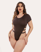 Coffee brown short-sleeve cut-out bodysuit leotard with side strap openings