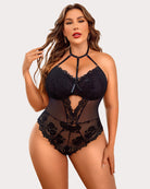 Black lace bodysuit teddy with halter straps and scalloped bust cups