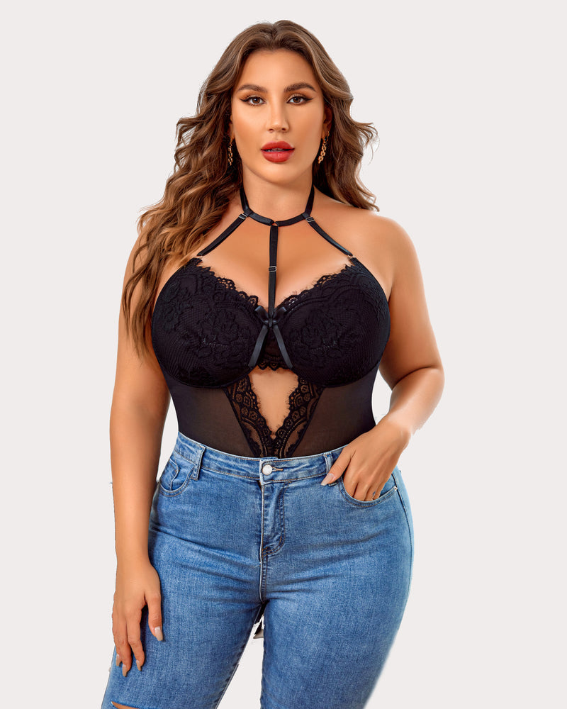 Black lace teddy bodysuit with halter neckline and sheer lace front panel