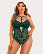Dark green lace bodysuit teddy with halter straps and lace front panel