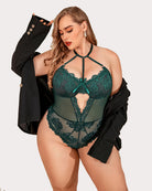 Dark green lace teddy bodysuit with halter straps and scalloped lace trim
