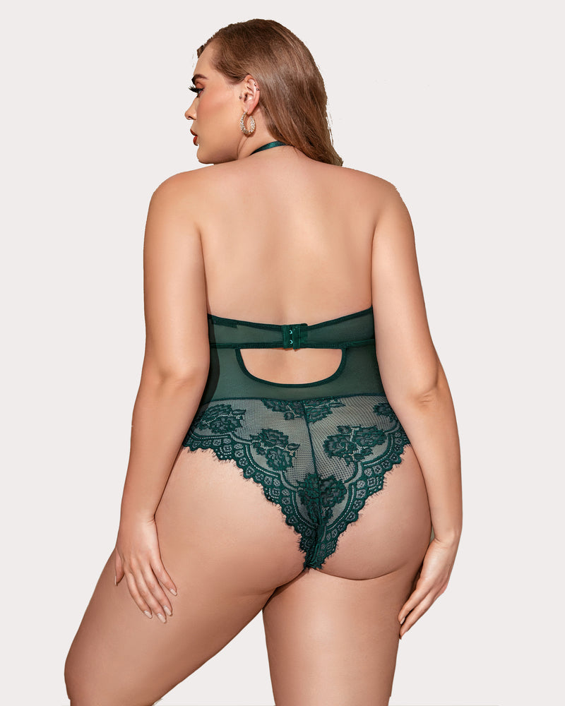 Dark green lace teddy bodysuit with open back cutout and lace waist panel