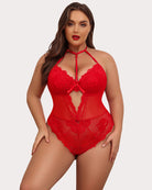 Red lace bodysuit teddy with halter straps and central keyhole detail