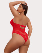 Red lace teddy bodysuit with open back cutout and thong-style bottom