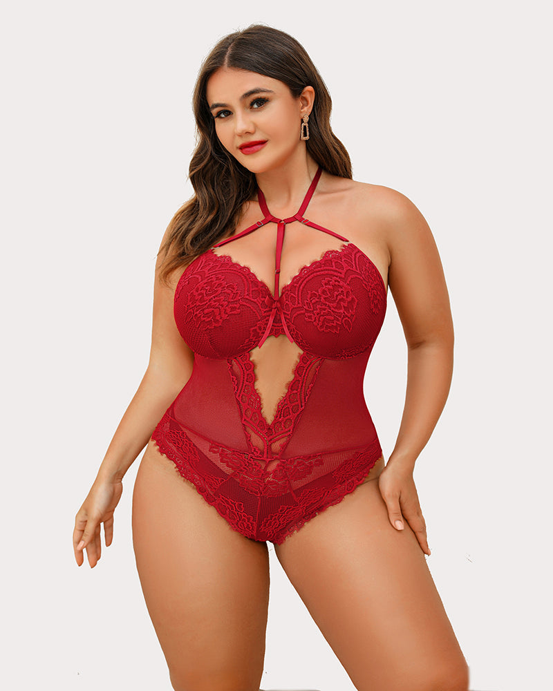 Red lace bodysuit teddy with halter straps and sheer mesh front panel