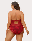 Red lace teddy bodysuit with open back cutout and sheer mesh sides