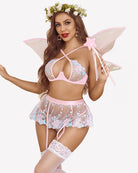 3-piece lace floral push-up lingerie set, pink-trim bra with sheer floral skirt and lace garters