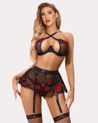 3-piece lace lingerie set with red heart embroidery, front view push-up bra and garter skirt