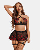 3-piece lace lingerie set with red heart embroidery, crisscross halter bra, garter skirt