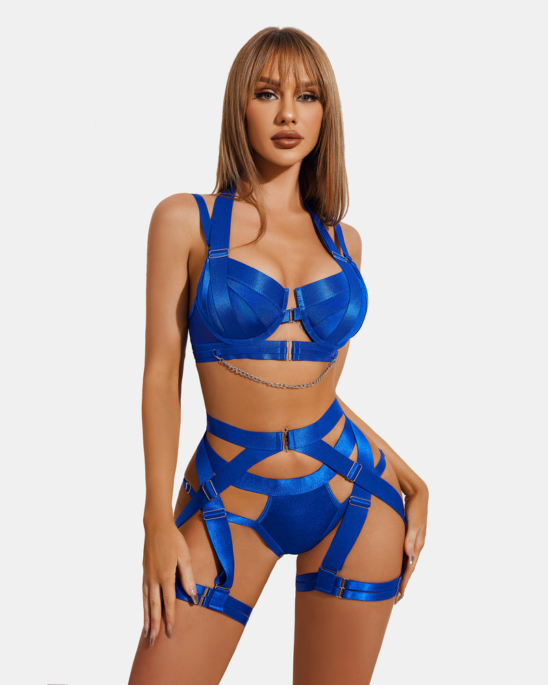 Blue lingerie garter set with chain trim, underwire bra and cutout garter bottoms