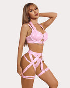 Pink lingerie garter set with chain, side view with bra and garter bands