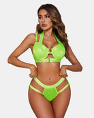 Neon green lingerie garter set front view, underwire bra and strappy garter briefs