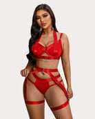Red lingerie garter set with chain, underwire bra, garter straps and high-rise briefs
