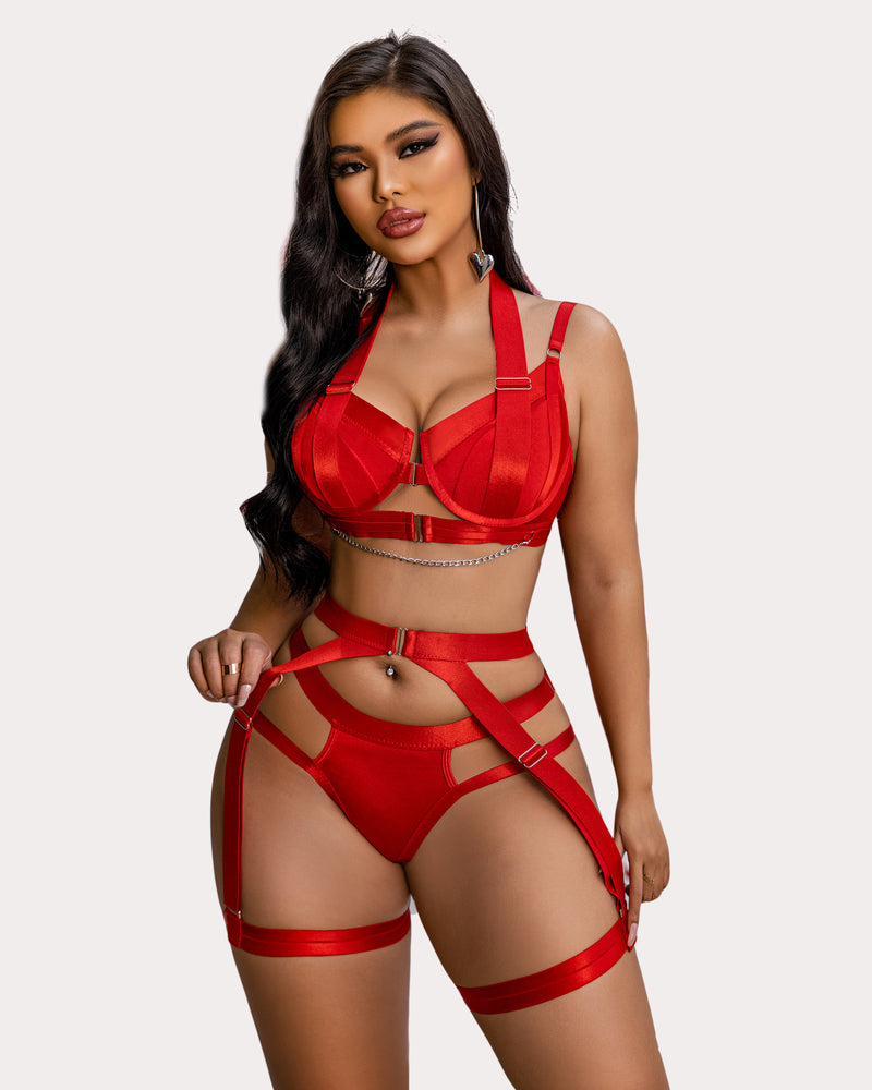 Red lingerie garter set with chain, underwire bra, garter straps and high-rise briefs