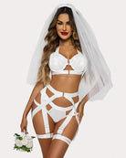 White lingerie garter set with chain: underwire bra, garter straps, strappy panties
