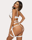 White lingerie garter set with chain, back view with bra straps and garter bands