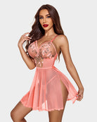 Pink lace mesh babydoll with floral embroidery, bow tie bodice, and scalloped hem