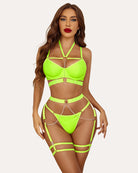 5-piece push-up bra set with chain, neon green push-up bra, thong, garters
