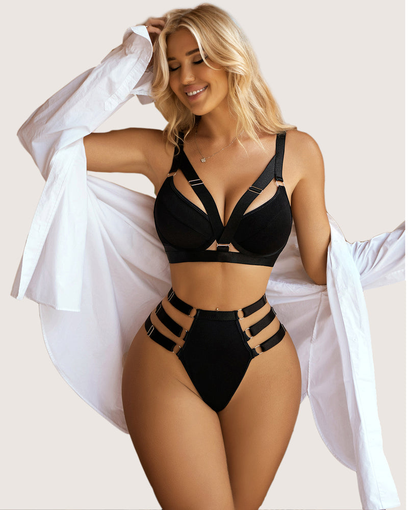 Black push-up bra and high-waist panty set with strappy side straps and V neckline