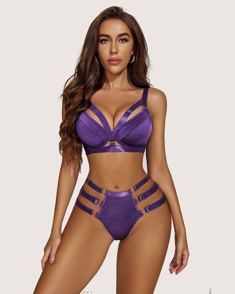 Purple push-up bra and high-waist panty set with strappy bands and center front ring