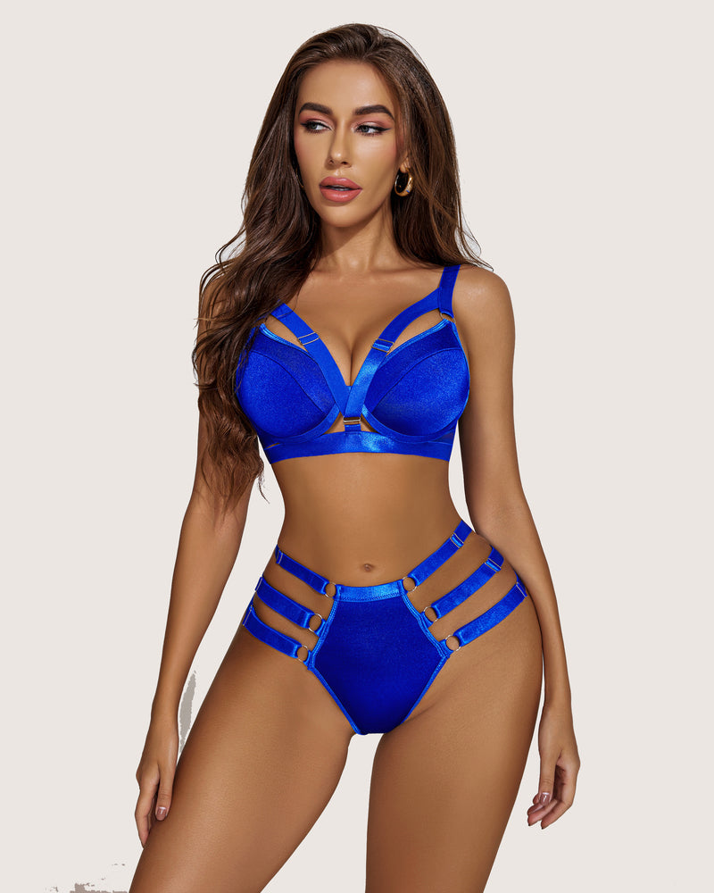 Blue push-up bra and high-waist panty set with strappy hip panels and V neckline