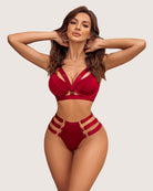 Red push-up bra and high-waist panty set with strappy side cutouts and gold accents