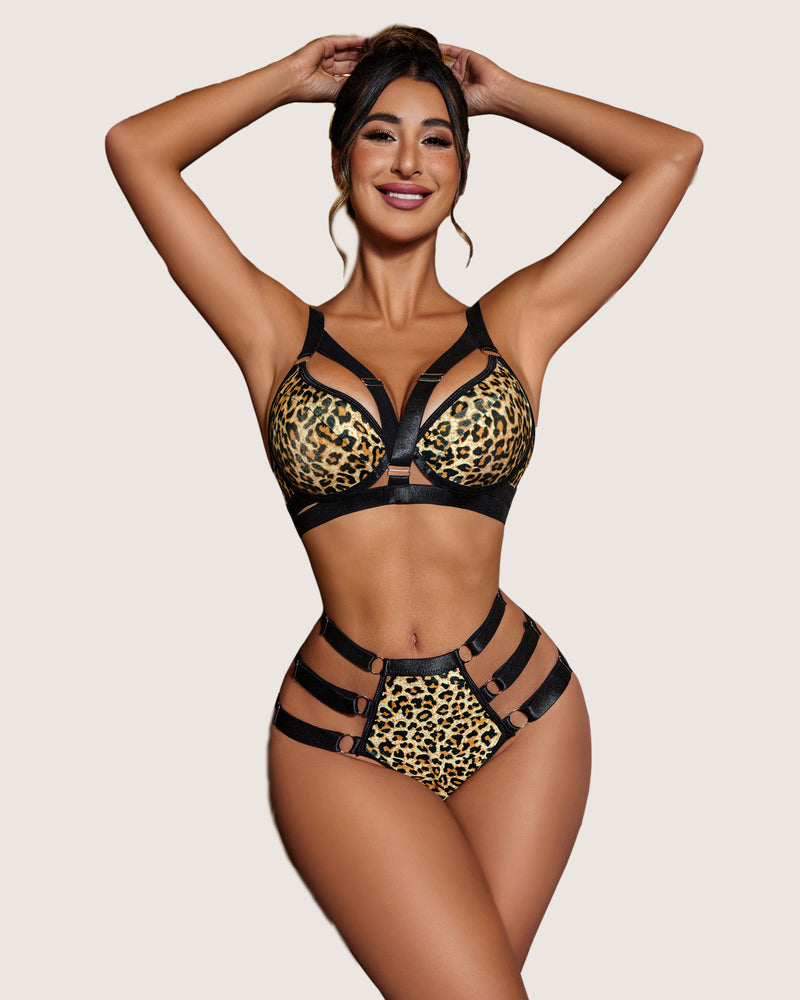 Leopard print push-up bra and high-waist panty set with black strappy accents