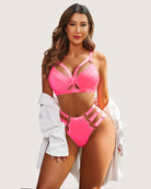 Push-up bra and panty set in bright pink with strappy underbust and matching panties