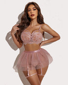 Rose lace bra set with tulle mini skirt and garter straps, full front