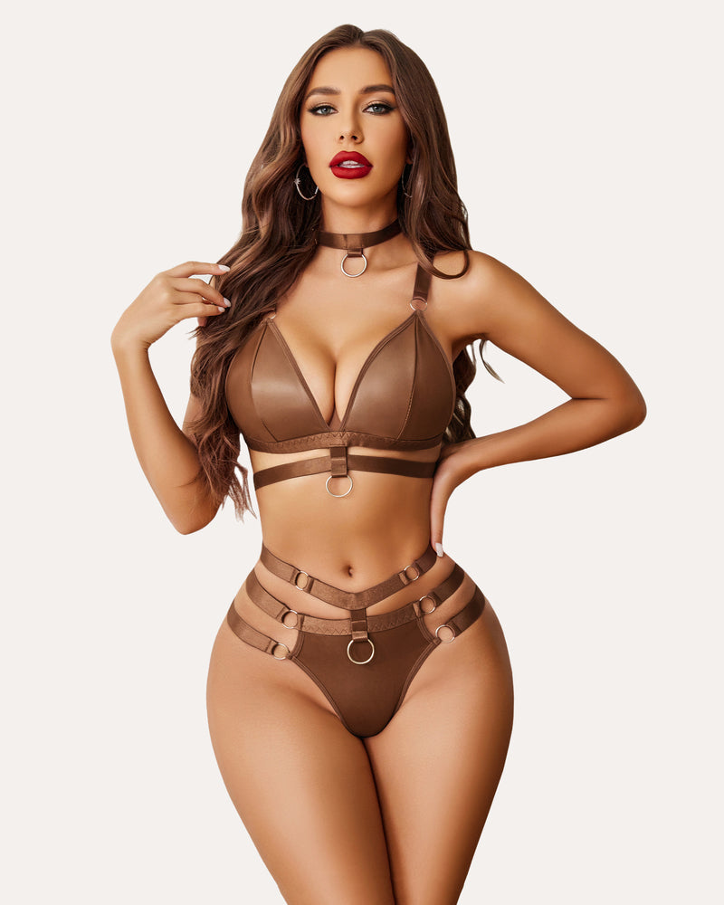 Cut-out O-ring bra and panty set, brown triangle bra with ring belt and harness