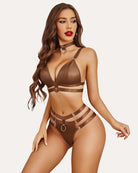 Brown cut-out bra and panty set with O-ring linked straps and harness ring detail