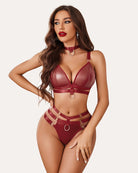 Wine red cut-out bra and panty set with O-ring linked straps and ring hardware