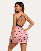 Pink heart-print cotton chemise with open back and black lace tie straps